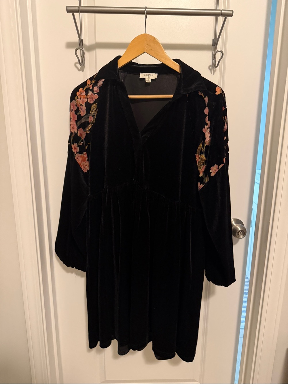 Umgee Black Velvet Long Sleeve Dress with Pink & Gold Floral Embroidery